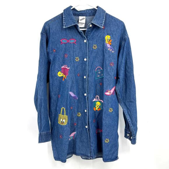 VTG Warner Bros Studio Store Hong Kong Tweedy Denim Button Up Shirt Size Medium - Picture 1 of 8